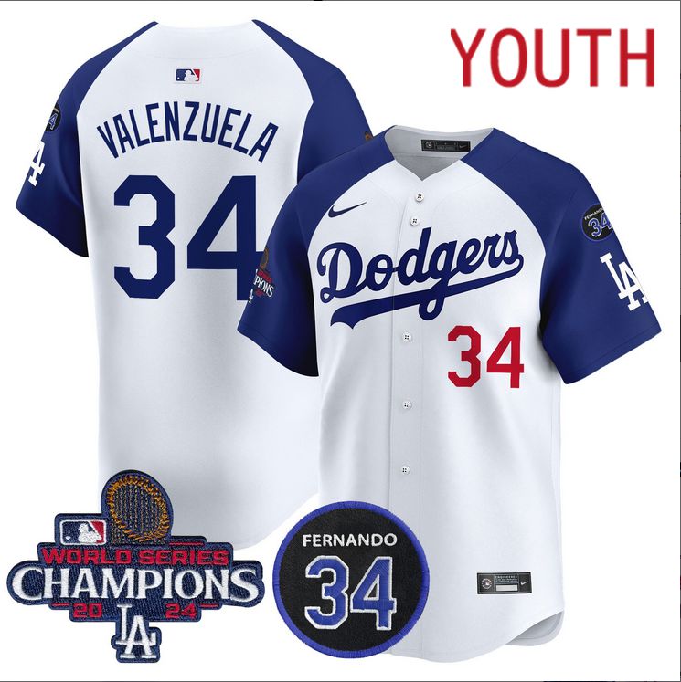 Youth MLB Los Angeles Dodgers 34 Valenzuela white 2024 World Series Champions Patch Limited Jersey style 2